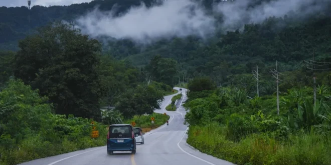 นิสสัน เซเรน่า อี-พาวเวอร์ ขับผ่านเส้นทางภูเขาและป่าเขียวชอุ่ม ระหว่างโร้ดทริปภาคใต้ บรรยากาศหมอกบางและธรรมชาติสองข้างทาง