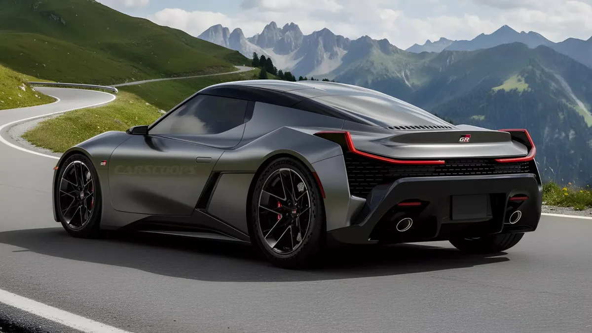 Toyota MR2 Concept เรนเดอร์ดีไซน์รถสปอร์ตเครื่องยนต์วางกลางยุคใหม่ ภาพเรนเดอร์ Toyota MR2 สีเทา มุมมองด้านท้าย แสดงเส้นสายรถสปอร์ตเครื่องวางกลาง