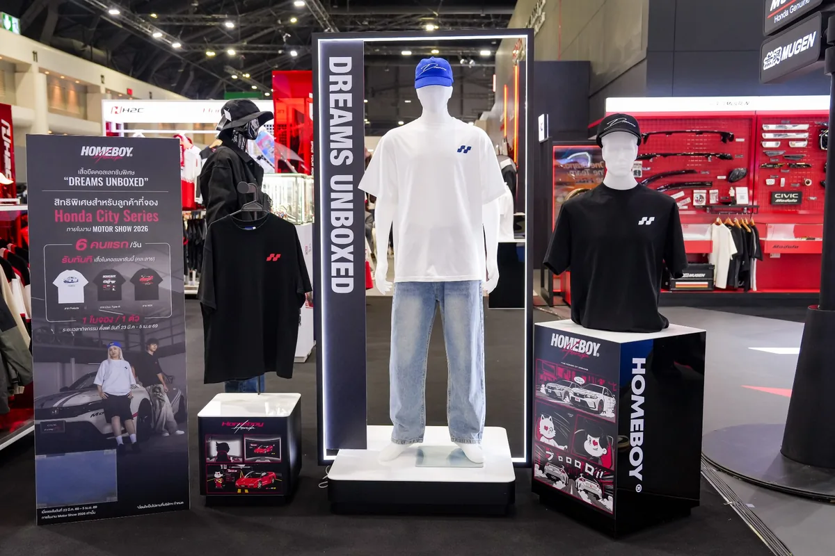 คอลเลกชัน Honda x HOMEBOY DREAMS UNBOXED ในงาน Motor Show 2026 คอลเลกชัน Honda x HOMEBOY DREAMS UNBOXED จัดแสดงภายในบูธ Honda ในงาน Motor Show 2026