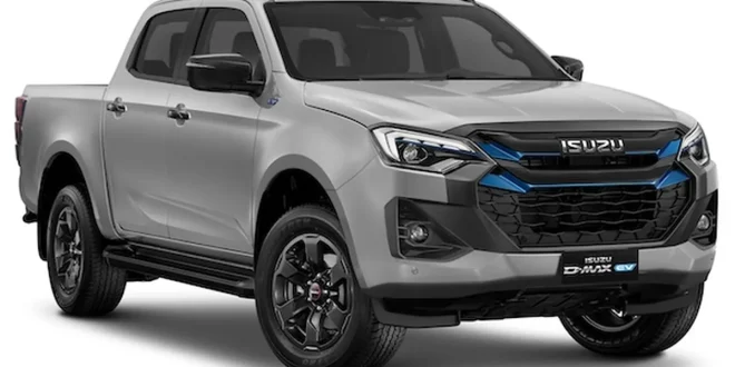 Isuzu D-Max EV รถกระบะไฟฟ้า 100% สีเทาในภาพสตูดิโอ มุมมองด้านหน้าเฉียง