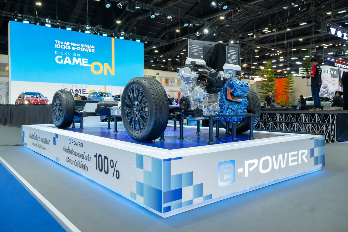 ชุดขับเคลื่อน Nissan e-POWER ในงาน Motor Show 2026 ชุดขับเคลื่อน Nissan e-POWER จัดแสดงภายในบูธ Nissan ในงาน Motor Show 2026