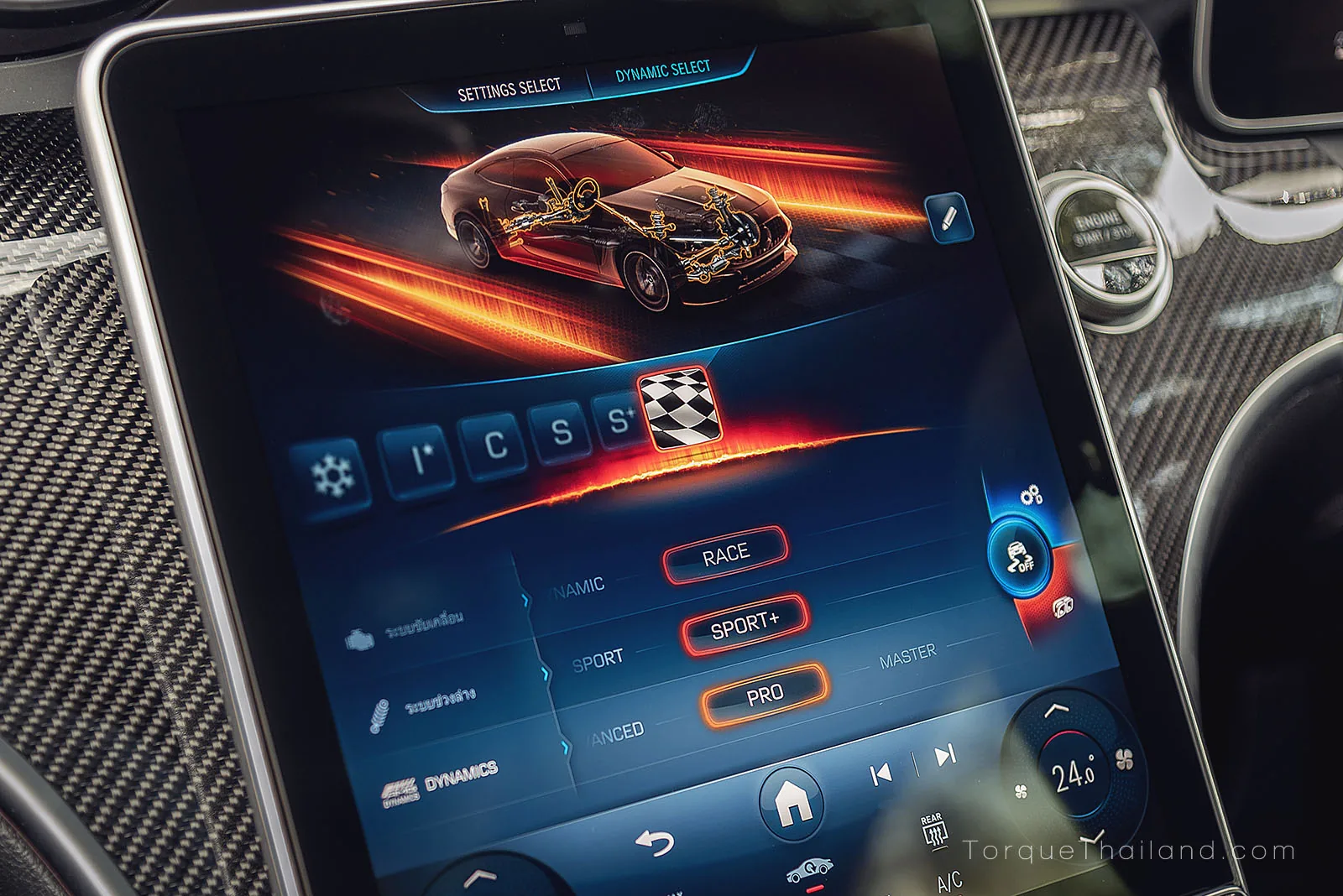 หน้าจอแสดงผลส่วนกลางบริเวณแดชบอร์ด แสดงเมนูเลือกโหมดการขับขี่ 6 รูปแบบ ได้แก่ Slippery, Individual, Comfort, Sport, Sport+ และ Race