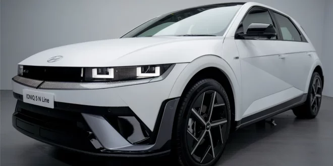 The new 2026 IONIQ 5 N Line ภาพมุมหน้าด้านข้างโชว์ดีไซน์ตัวถังและล้ออัลลอย
