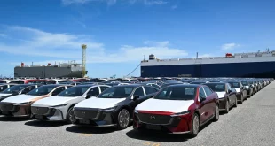รถยนต์ไฟฟ้า Mazda6e ล็อตแรกจอดเรียงรายบริเวณท่าเรือแหลมฉบัง ก่อนส่งมอบลูกค้าในประเทศไทย