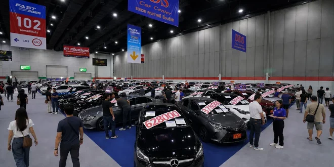 ภาพรวมโซนรถยนต์ใช้แล้ว DDS ภายในงาน FAST Auto Show Thailand 2026 มีรถหลากหลายรุ่นพร้อมป้ายราคา