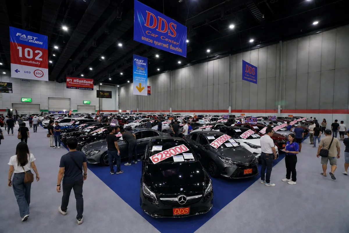 ภาพรวมโซนรถยนต์ใช้แล้ว DDS ในงาน FAST Auto Show 2026 ภาพรวมโซนรถยนต์ใช้แล้ว DDS ภายในงาน FAST Auto Show Thailand 2026 มีรถหลากหลายรุ่นพร้อมป้ายราคา