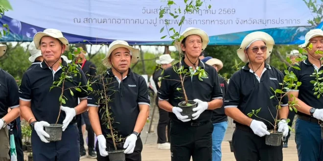 ผู้บริหารและผู้ร่วมกิจกรรมถือกล้าไม้ในงานโตโยต้าปลูกป่าชายเลน ปีที่ 19