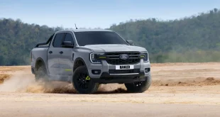 Ford Ranger Wolftrak สีเทาขณะขับบนพื้นดิน โดยมีฝุ่นฟุ้งจากล้อ มุมด้านหน้าเฉียง