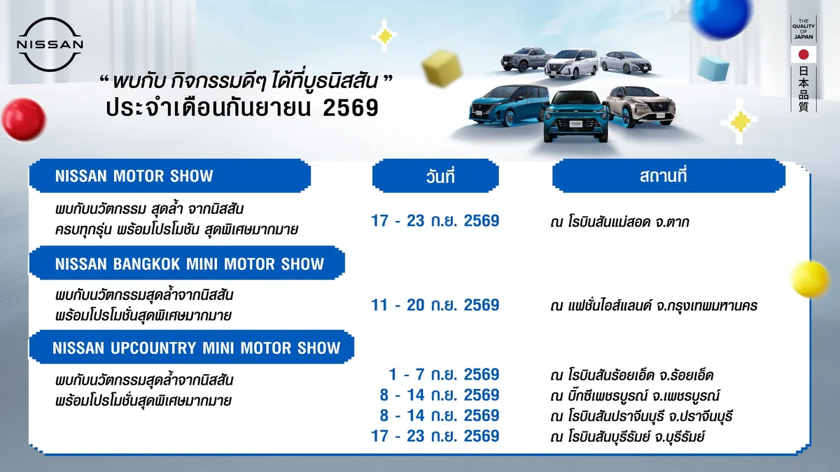 ตาราง Nissan Roadshow เดือนกันยายน 2569 ปฏิทินกิจกรรมนิสสันโรดโชว์ประจำเดือนกันยายน 2569 แสดงวันจัดงานและสถานที่ทั่วประเทศ
