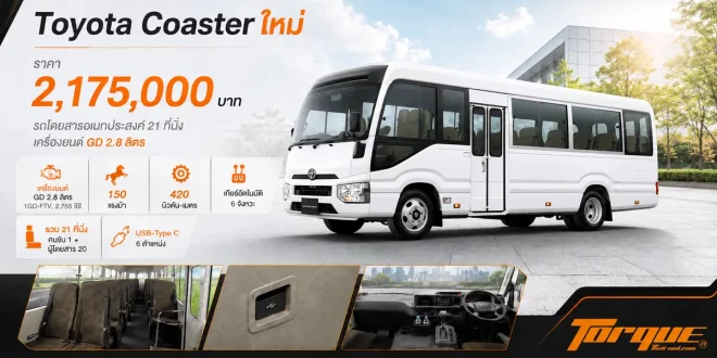 Toyota Coaster ใหม่ พร้อมราคา 2,175,000 บาท และข้อมูลจุดเด่นของรถโดยสารอเนกประสงค์ 21 ที่นั่ง