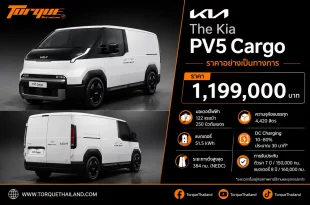 อินโฟกราฟิกเปิดราคา Kia PV5 Cargo ราคา 1,199,000 บาท พร้อมข้อมูลมอเตอร์ 122 แรงม้า แบตเตอรี่ 51.5 kWh ระยะทาง 384 กม. NEDC และการรับประกัน