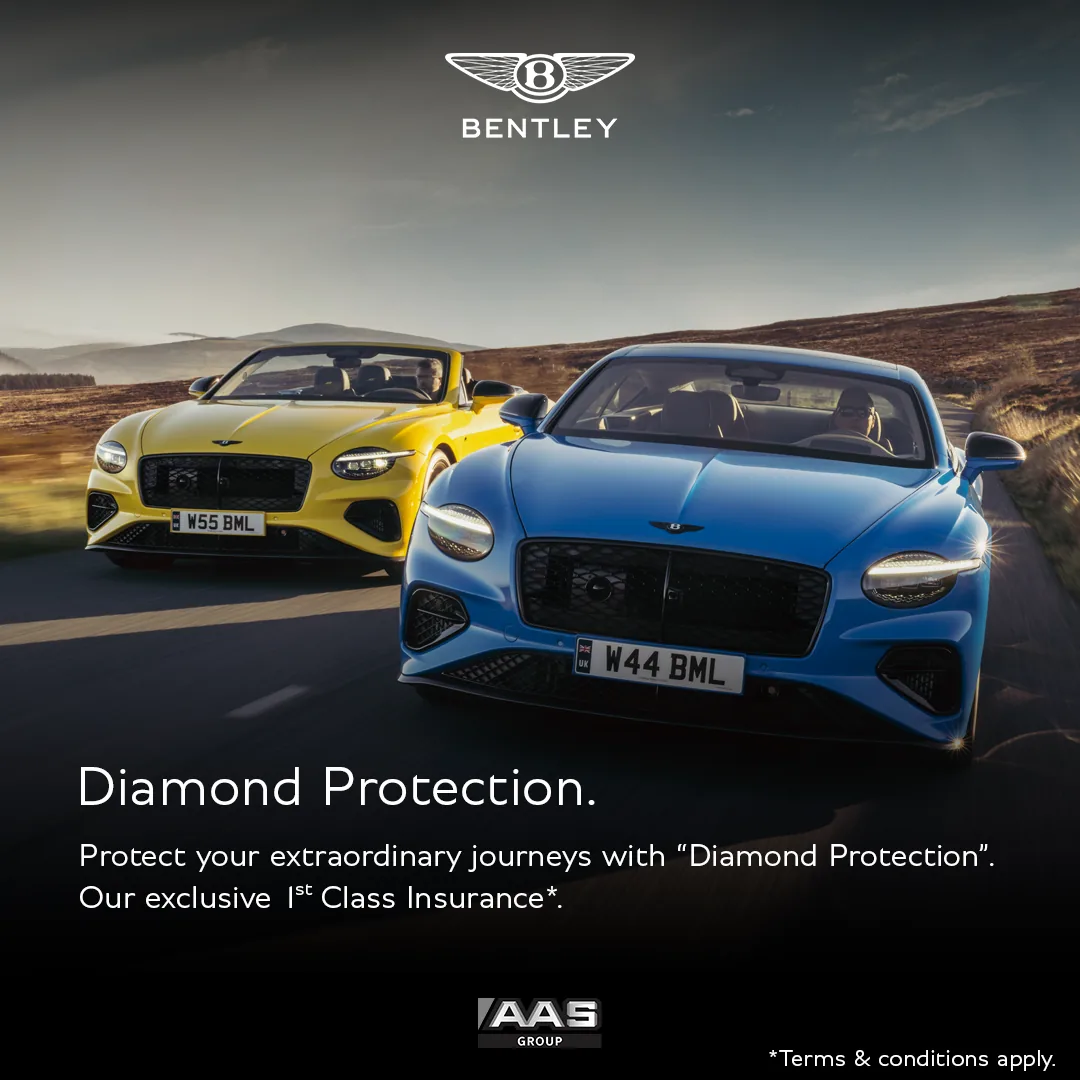 Bentley Diamond Protection กราฟิก Bentley Diamond Protection พร้อมรถ Bentley สองคันและข้อมูลความคุ้มครองประกันภัยชั้น 1