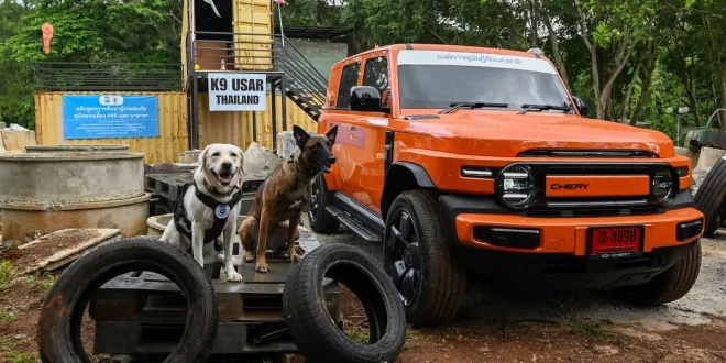 Chery V23 จอดร่วมกับสุนัข K9 สองตัวในพื้นที่ K9 USAR Thailand