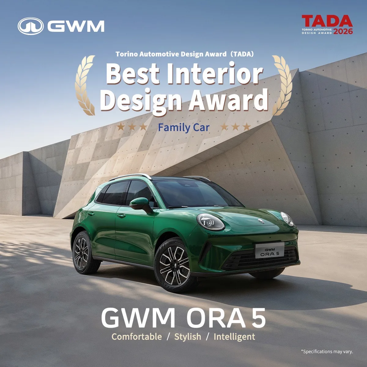 GWM ORA 5 คว้ารางวัล Best Interior Design GWM ORA 5 สีเขียว พร้อมข้อความ Best Interior Design Award จาก Torino Automotive Design Award 2026
