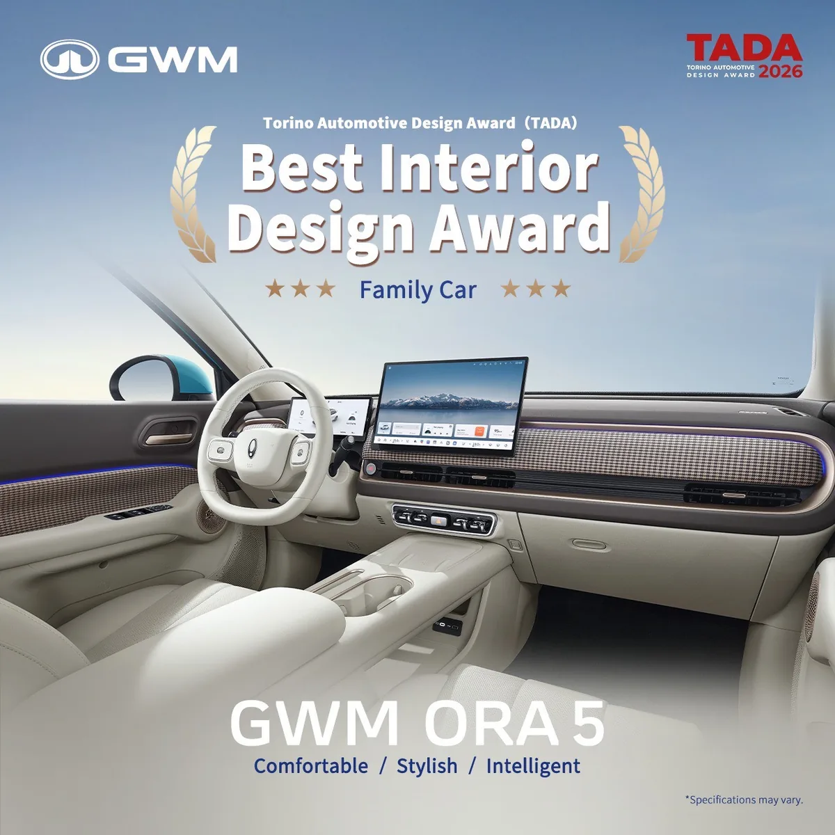 ห้องโดยสาร GWM ORA 5 รางวัล Best Interior Design ห้องโดยสาร GWM ORA 5 พร้อมข้อความ Best Interior Design Award ในกลุ่ม Family Car