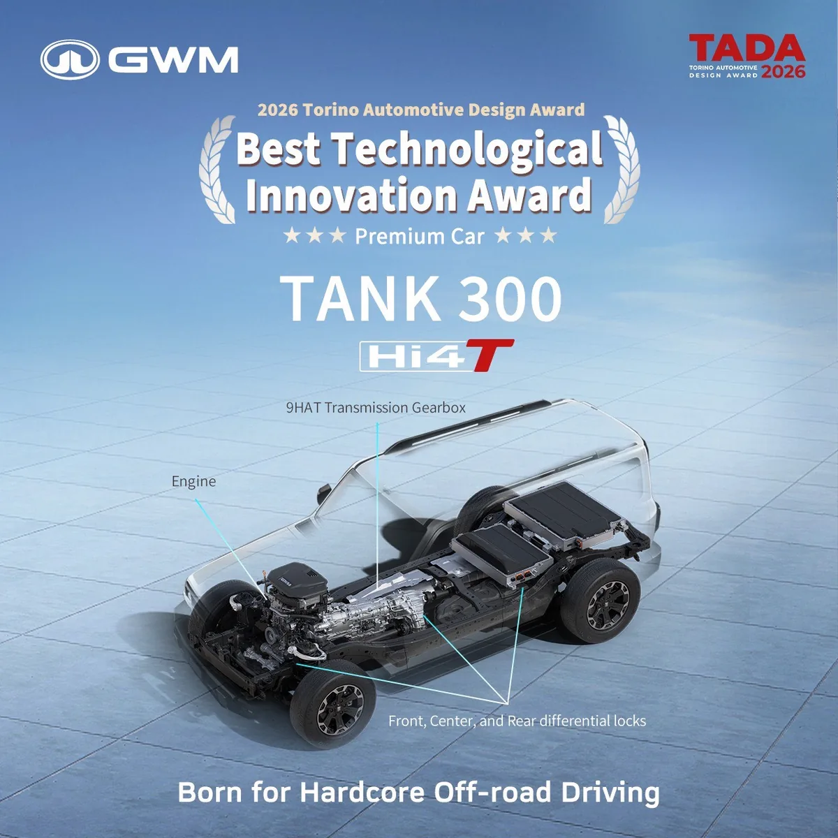 GWM TANK 300 เทคโนโลยี Hi4-T โครงสร้างระบบขับเคลื่อน Hi4-T ของ GWM TANK 300 พร้อมข้อความ Best Technological Innovation Award