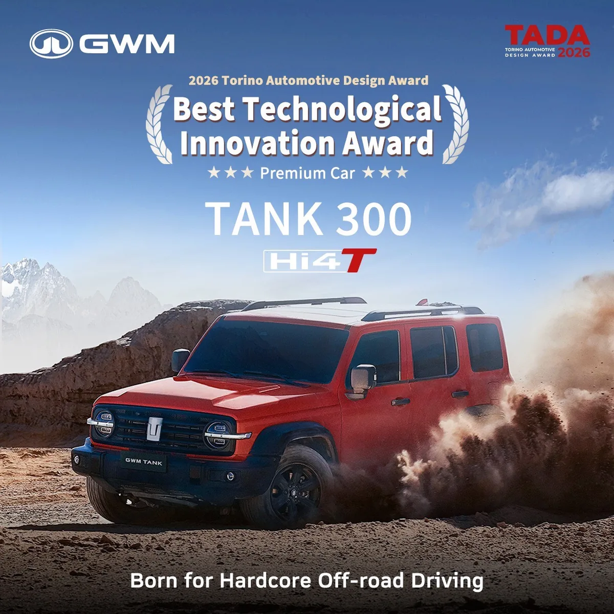 GWM TANK 300 คว้ารางวัลด้านเทคโนโลยี GWM TANK 300 สีแดงขณะขับออฟโรด พร้อมรางวัล Best Technological Innovation Award