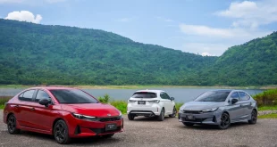 Honda City ใหม่ หลายคันจอดกลางแจ้งริมอ่างเก็บน้ำและภูเขา