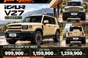 อินโฟกราฟิก iCAUR V27 REEV แสดงราคาพิเศษ 3 รุ่น 2WD PRIDE 999,900 บาท 2WD PRIME 1,159,900 บาท และ 4WD PRESTIGE 1,259,900 บาท พร้อมส่วนลด 30,000 บาทและแพ็กเกจสิทธิประโยชน์มูลค่า 100,000 บาท