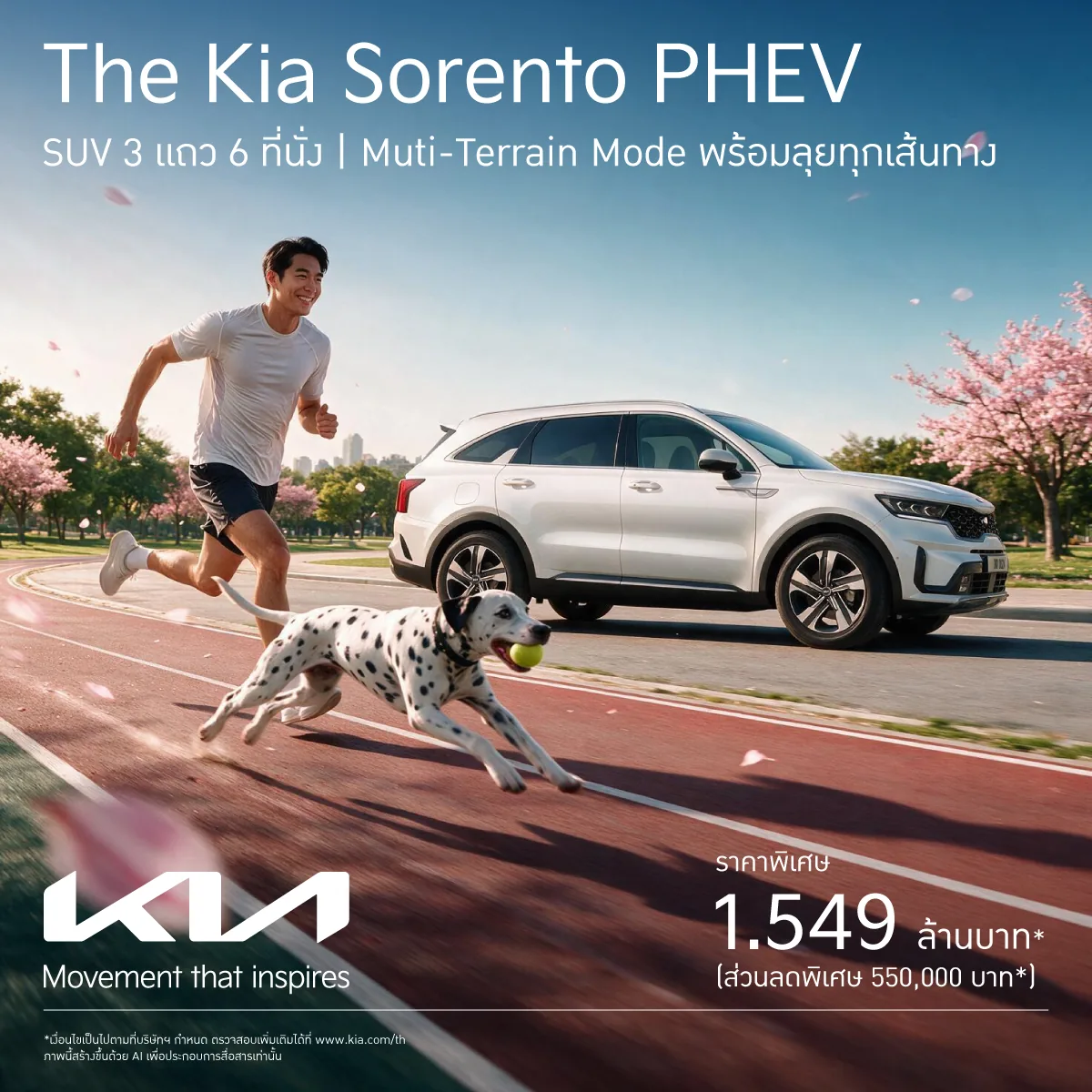 Kia Sorento PHEV ราคาพิเศษ กราฟิกโปรโมชัน The Kia Sorento PHEV ระบุว่าเป็น SUV 3 แถว 6 ที่นั่ง พร้อมราคาพิเศษ 1.549 ล้านบาท