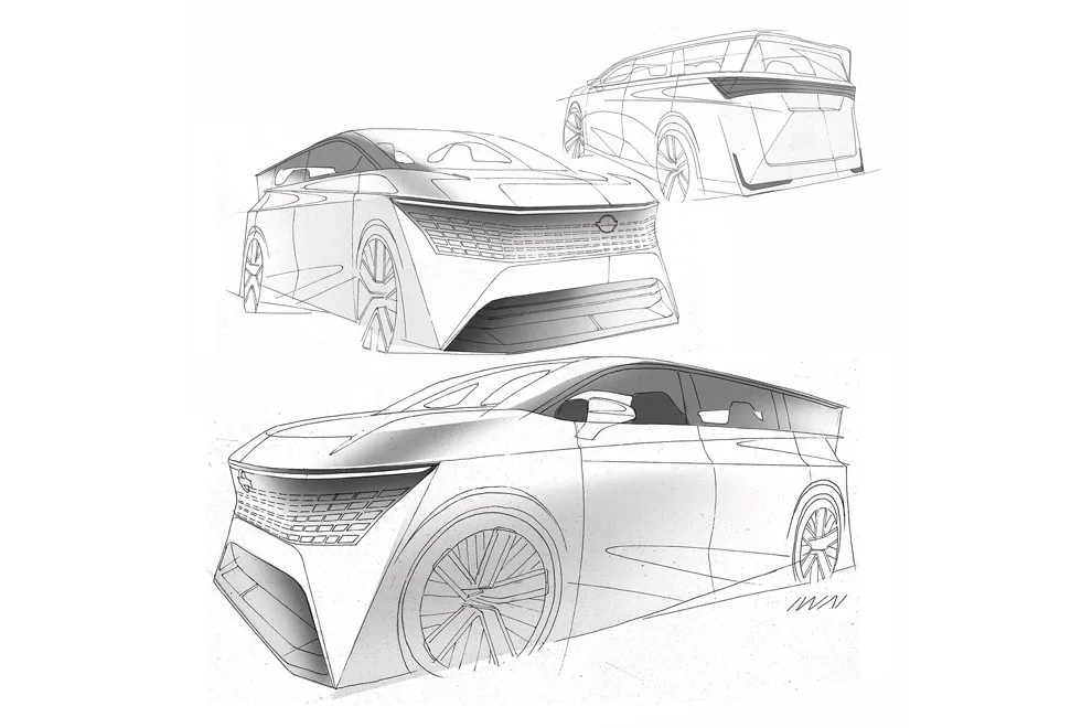 แบบร่างดีไซน์ Nissan Elgrand e-POWER แบบร่างงานออกแบบ Nissan Elgrand e-POWER ใหม่ แสดงมุมด้านหน้า ด้านหลัง และมุมหน้าเฉียงของตัวรถ