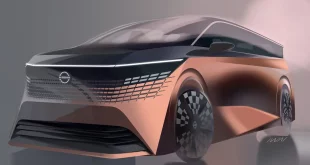 ภาพงานออกแบบ Nissan Elgrand e-POWER ใหม่ มุมด้านหน้าเฉียง แสดงเส้นสายตัวถังและลวดลายบริเวณด้านหน้า