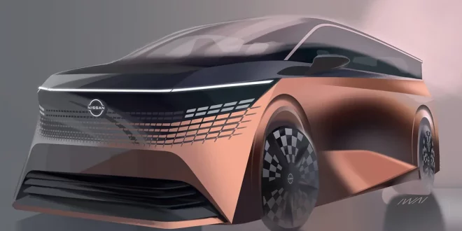 ภาพงานออกแบบ Nissan Elgrand e-POWER ใหม่ มุมด้านหน้าเฉียง แสดงเส้นสายตัวถังและลวดลายบริเวณด้านหน้า