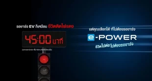 ภาพคีย์วิชวลแคมเปญ Every Minute Matters ของนิสสัน แสดงเวลา 45 นาทีและข้อความเกี่ยวกับการรอชาร์จ EV