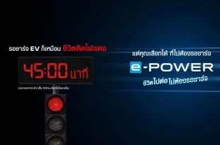 ภาพคีย์วิชวลแคมเปญ Every Minute Matters ของนิสสัน แสดงเวลา 45 นาทีและข้อความเกี่ยวกับการรอชาร์จ EV