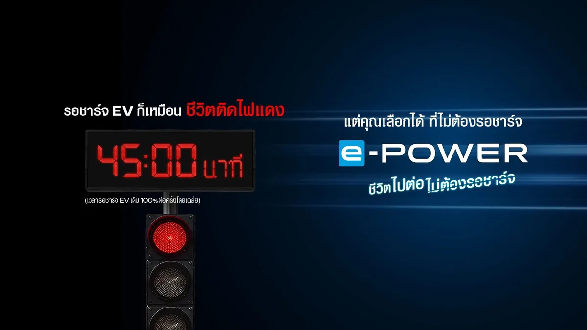 คีย์วิชวล Every Minute Matters 45 นาที ภาพคีย์วิชวลแคมเปญ Every Minute Matters ของนิสสัน แสดงเวลา 45 นาทีและข้อความเกี่ยวกับการรอชาร์จ EV