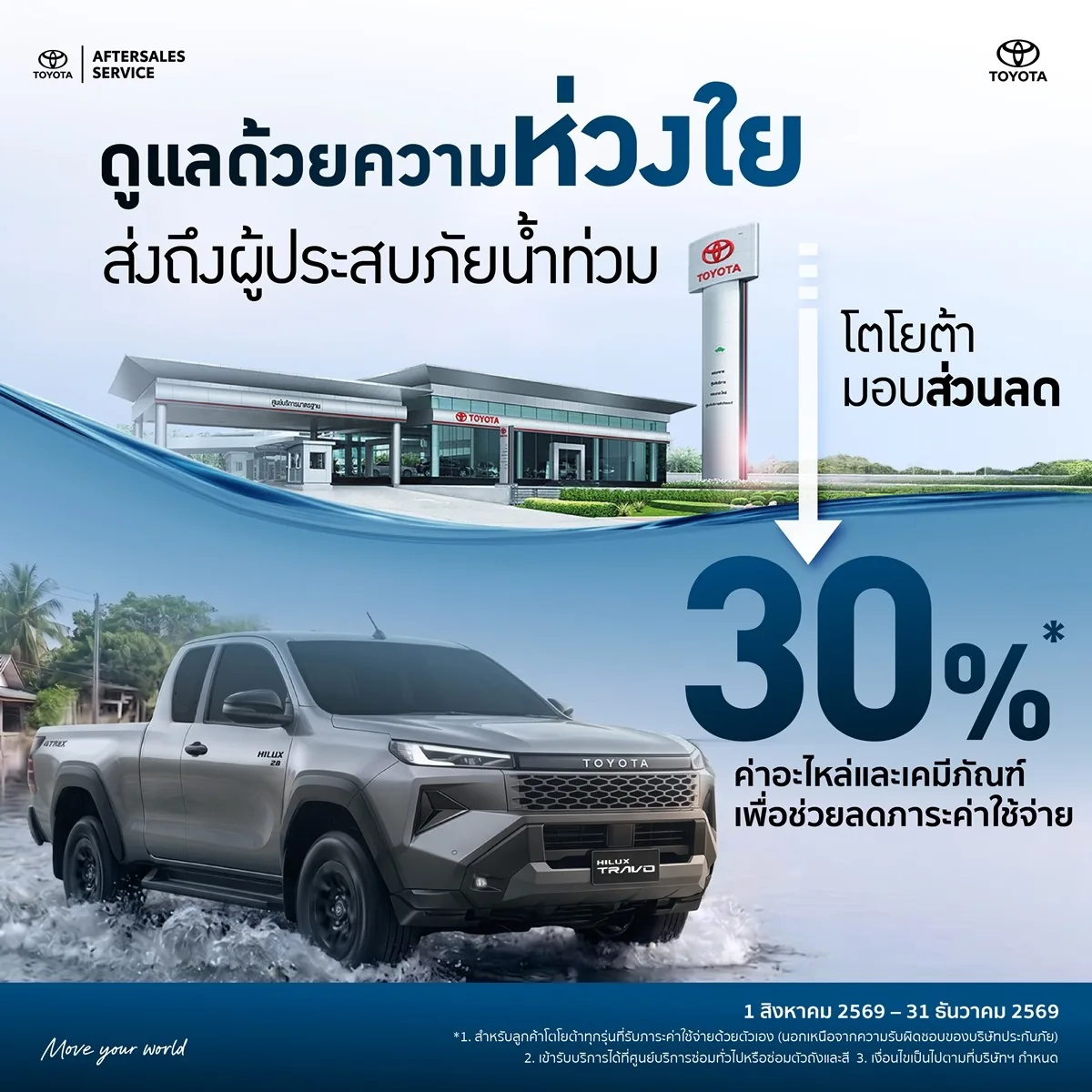 โตโยต้าช่วยเหลือลูกค้าน้ำท่วม ส่วนลด 30% โตโยต้ามอบส่วนลด 30% ค่าอะไหล่และเคมีภัณฑ์ เพื่อช่วยลูกค้าที่ได้รับผลกระทบจากน้ำท่วม