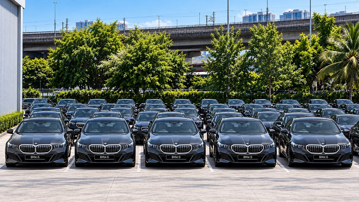 BMW i5 ที่จัดแสดงในข่าว THE GLOBAL ECONOMIC DRIVE BMW i5 สีเข้มหลายคันจอดเรียงแถว โดยเห็นด้านหน้ารถและป้าย BMW i5
