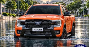 รถกระบะ Ford Ranger สีส้ม มุมด้านหน้าเฉียง อยู่บนถนนที่มีน้ำท่วมขัง พร้อมโลโก้ฟอร์ดด้านล่างภาพ