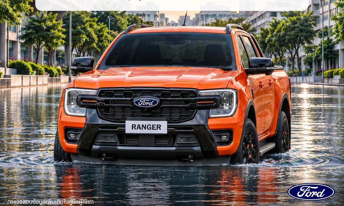 Ford Ranger กับคำแนะนำดูแลรถหลังลุยน้ำท่วม รถกระบะ Ford Ranger สีส้ม มุมด้านหน้าเฉียง อยู่บนถนนที่มีน้ำท่วมขัง พร้อมโลโก้ฟอร์ดด้านล่างภาพ