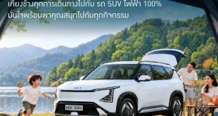 Kia EV5 สีขาวจอดท่ามกลางบรรยากาศท่องเที่ยวกับครอบครัว พร้อมข้อความ The Kia EV5