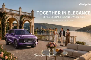 LEPAS Global Elegance Week 2026 แสดงรถ SUV สีม่วงริมทะเลสาบ พร้อมข้อความ TOGETHER IN ELEGANCE และเมืองอู๋หู ประเทศจีน