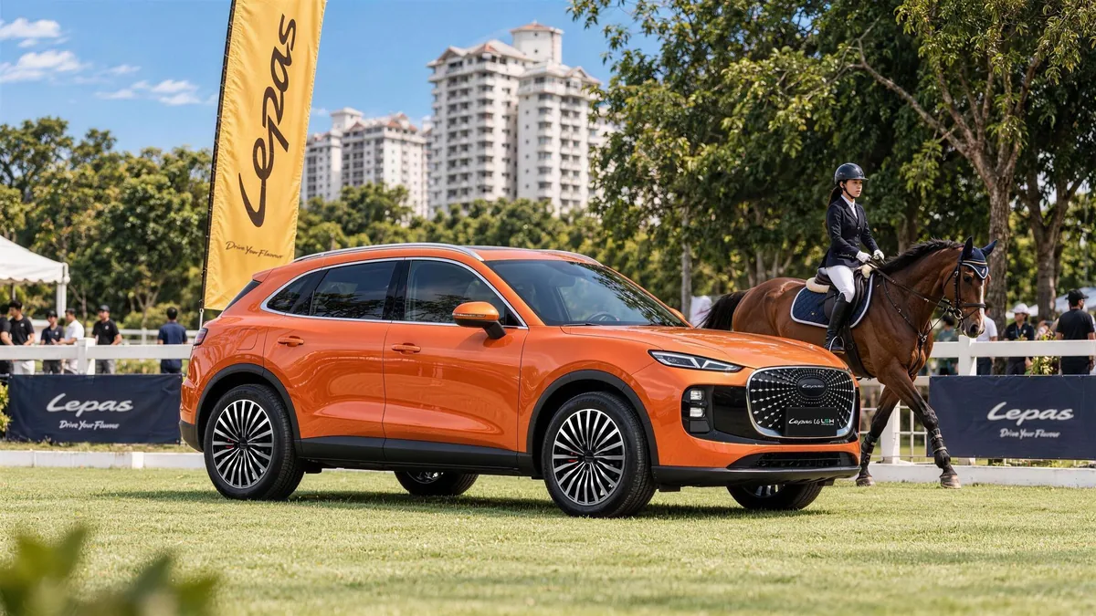 รถ LEPAS สีส้มกับกิจกรรมขี่ม้า รถยนต์ SUV LEPAS สีส้มจอดบนสนามหญ้าใกล้ผู้ขี่ม้าสวมชุดขี่ม้า พร้อมธงและป้ายแบรนด์ LEPAS