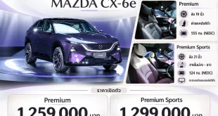 Mazda CX-6e สีม่วงมุมด้านหน้า พร้อมภาพภายในและข้อมูลเปรียบเทียบรุ่น Premium ราคา 1,259,000 บาท กับ Premium Sports ราคา 1,299,000 บาท