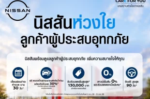 กราฟิก Nissan Care for You ช่วยเหลือผู้ประสบภัยน้ำท่วม พร้อมสิทธิ์เลื่อนค่างวด 30 วัน ลดค่าอะไหล่ 30% และส่วนลดซื้อรถใหม่สูงสุด 130,000 บาท