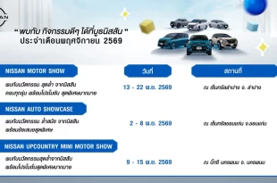 อินโฟกราฟิก Nissan Roadshow เดือนพฤศจิกายน 2569 แสดงวันและสถานที่จัดงานในจังหวัดลำปาง ขอนแก่น และนครพนม พร้อมภาพรถยนต์ Nissan