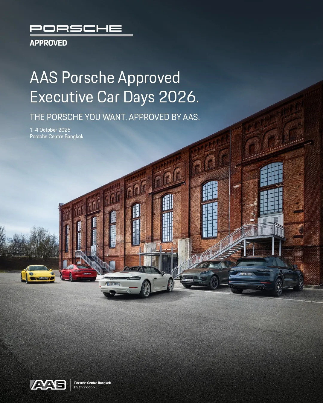 AAS Porsche Approved Executive Car Days 2026 โปสเตอร์ AAS Porsche Approved Executive Car Days 2026 พร้อมรถยนต์ Porsche หลายคัน